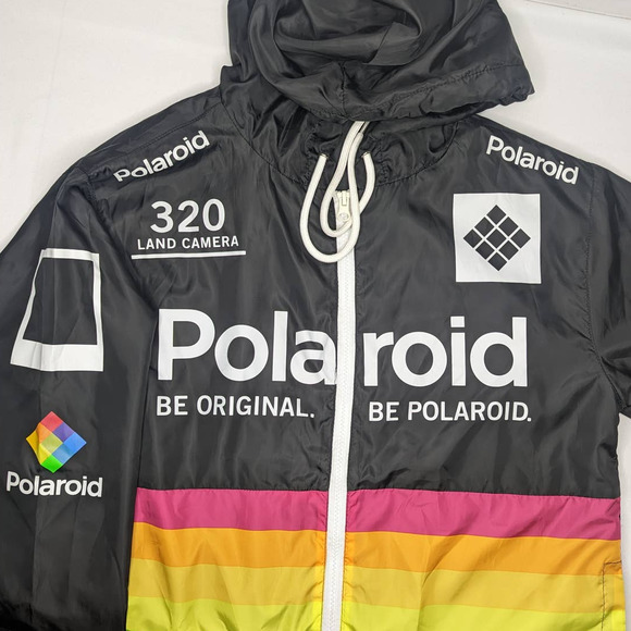 EUC Polaroid Womens Full Zip Hooded Windbreaker Black / Rainbow Print Logo Small - Picture 3 of 8